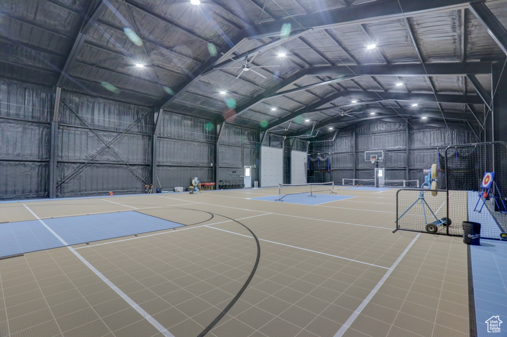 View of basketball court featuring basketball hoop