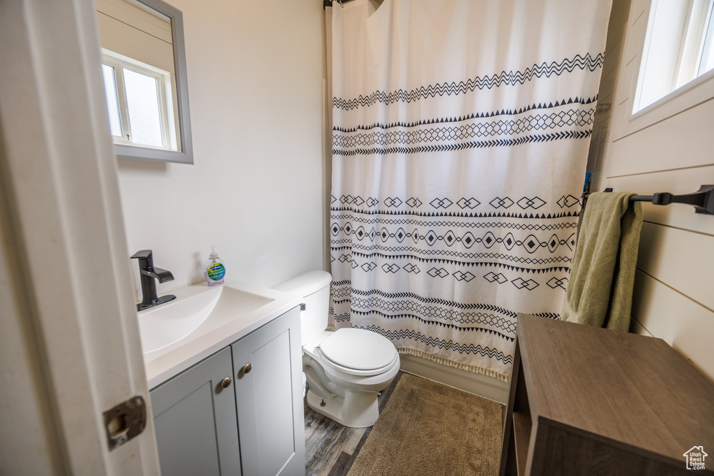 Bathroom featuring vanity, a shower with shower curtain, and wood finished floors