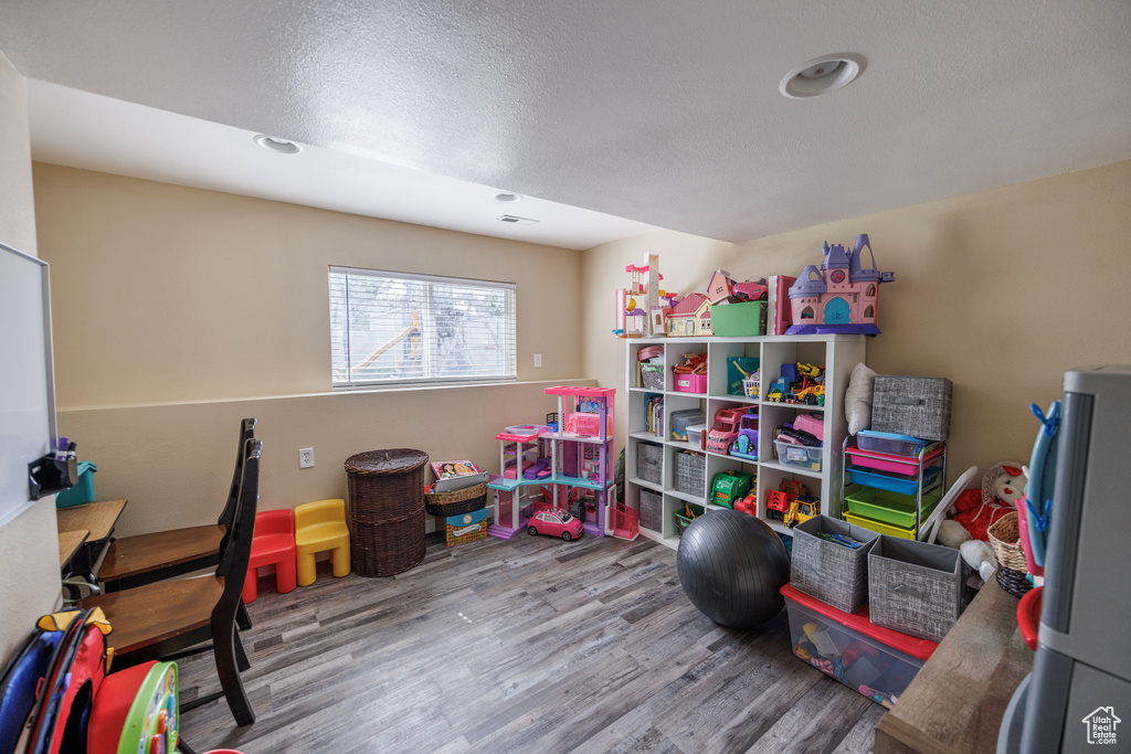 Game room with wood finished floors