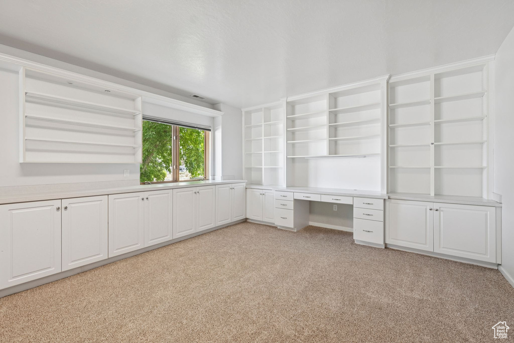 Unfurnished office with light colored carpet and built in desk