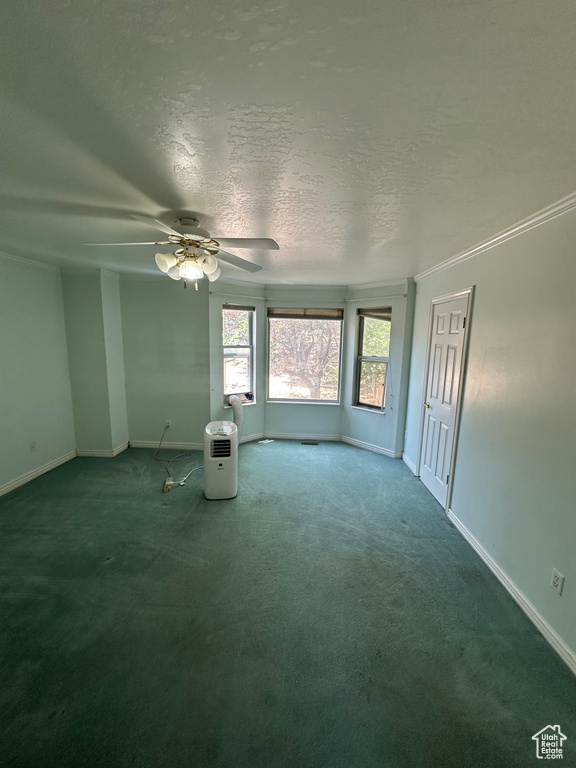 Unfurnished room with carpet, a ceiling fan, and a textured ceiling