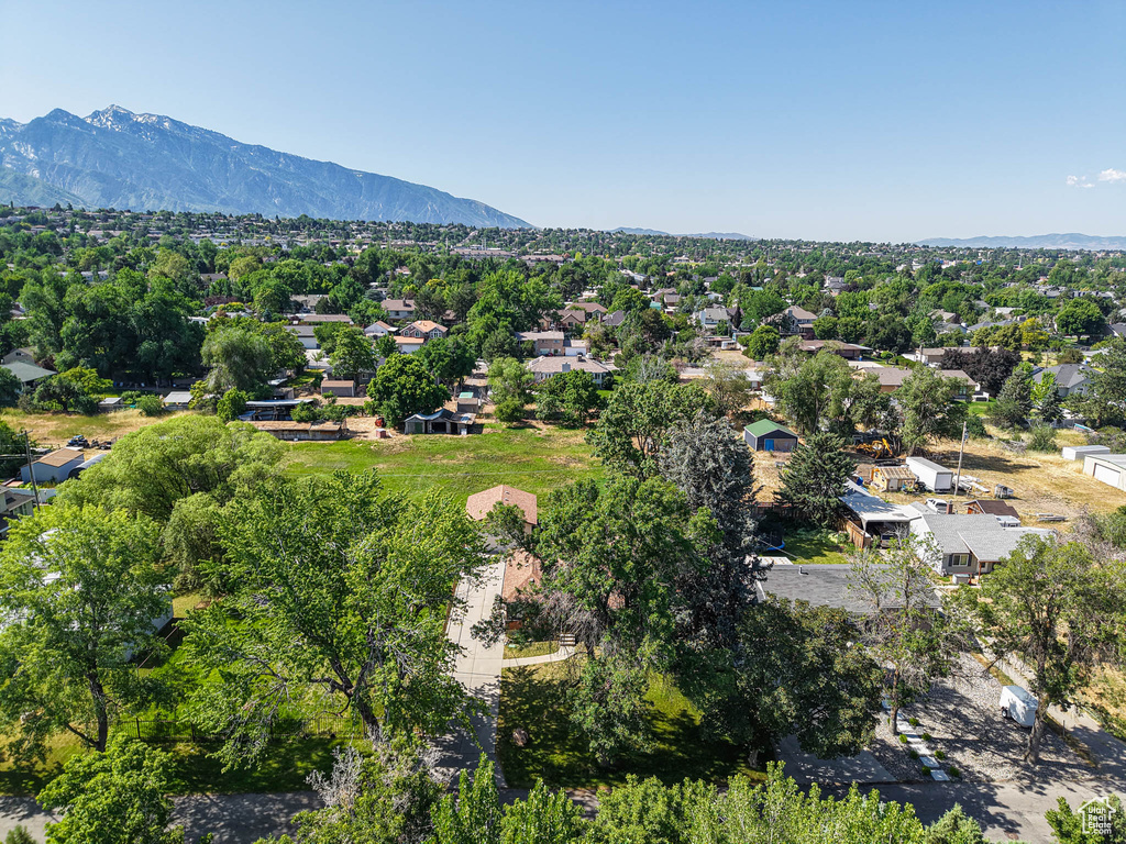 Aerial view of residential area with mountains