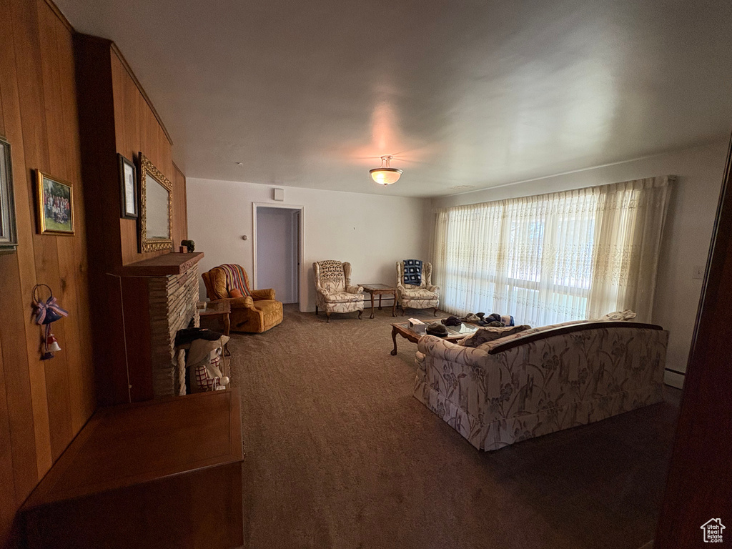 Living room featuring carpet floors and a fireplace