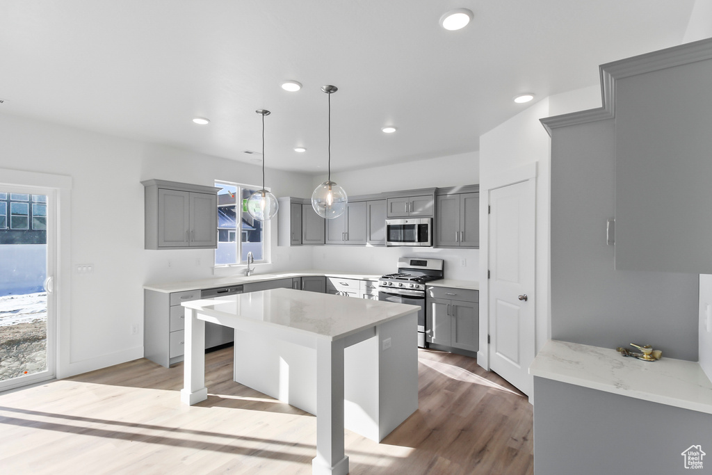 Kitchen with appliances with stainless steel finishes, gray cabinetry, recessed lighting, light wood-type flooring, and a kitchen island