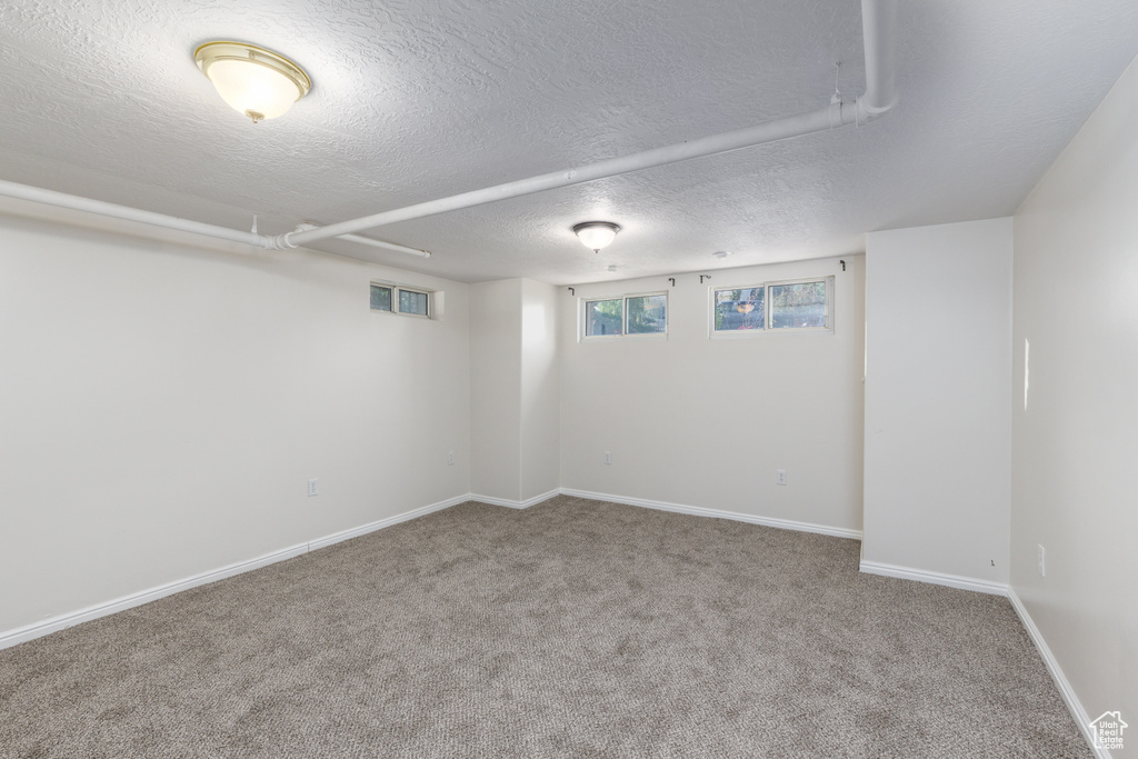 Below grade area with carpet and a textured ceiling