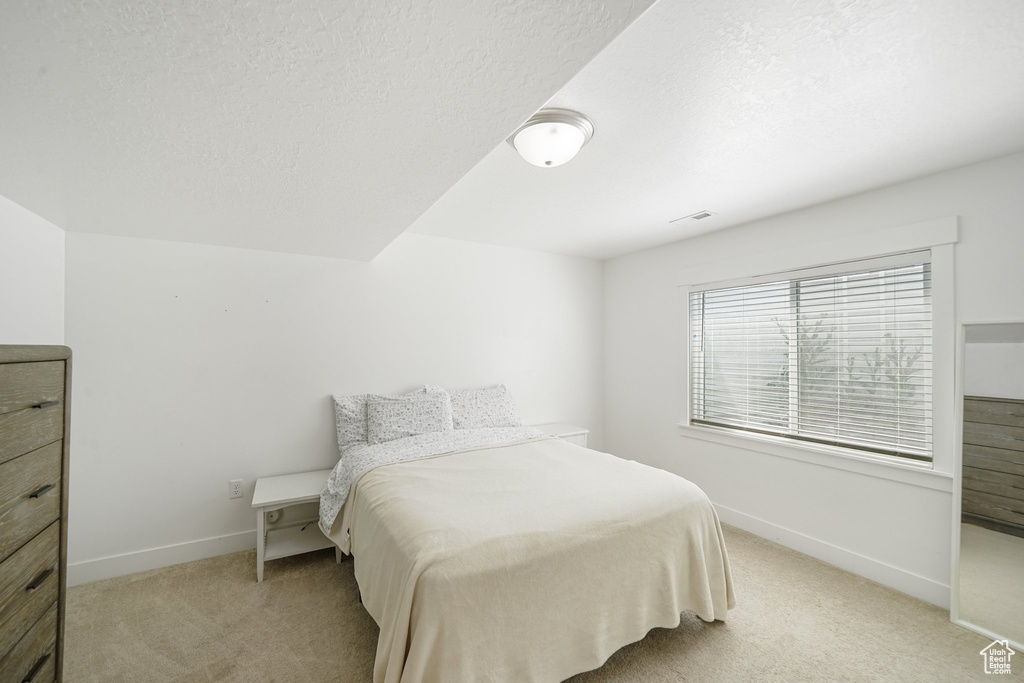 Bedroom featuring light carpet and a textured ceiling