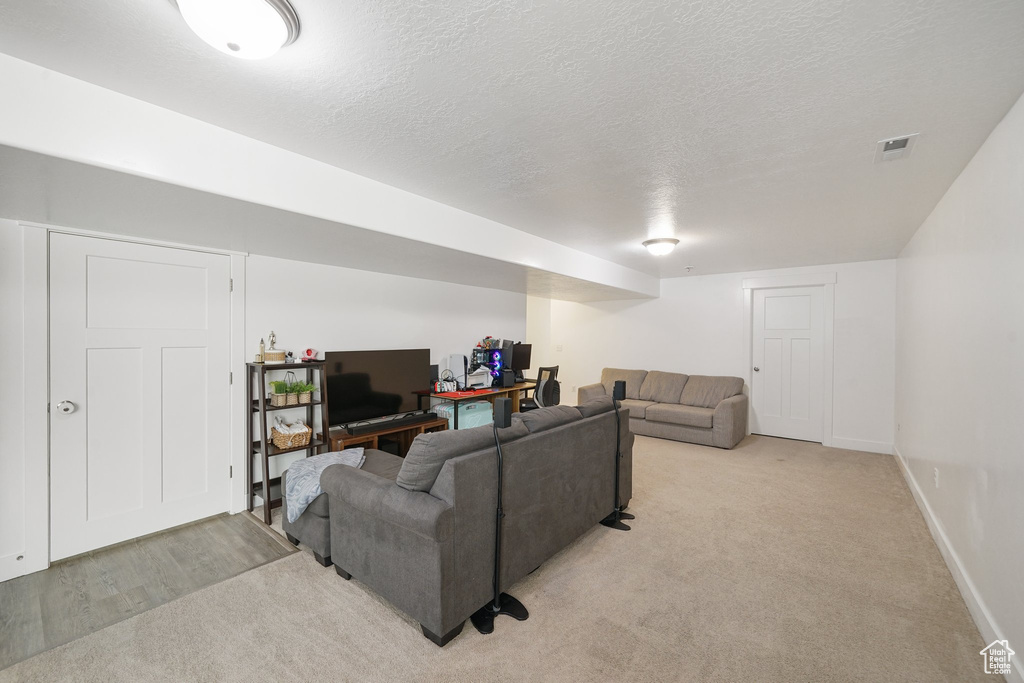 Living room with a textured ceiling and light carpet