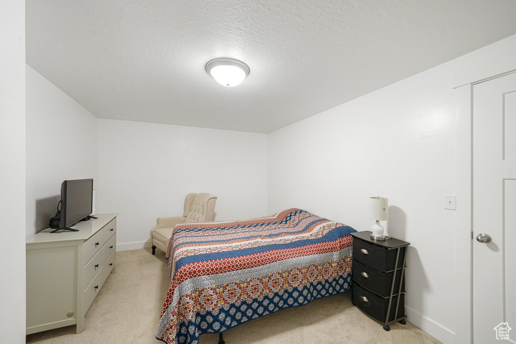 Bedroom featuring light colored carpet and a textured ceiling