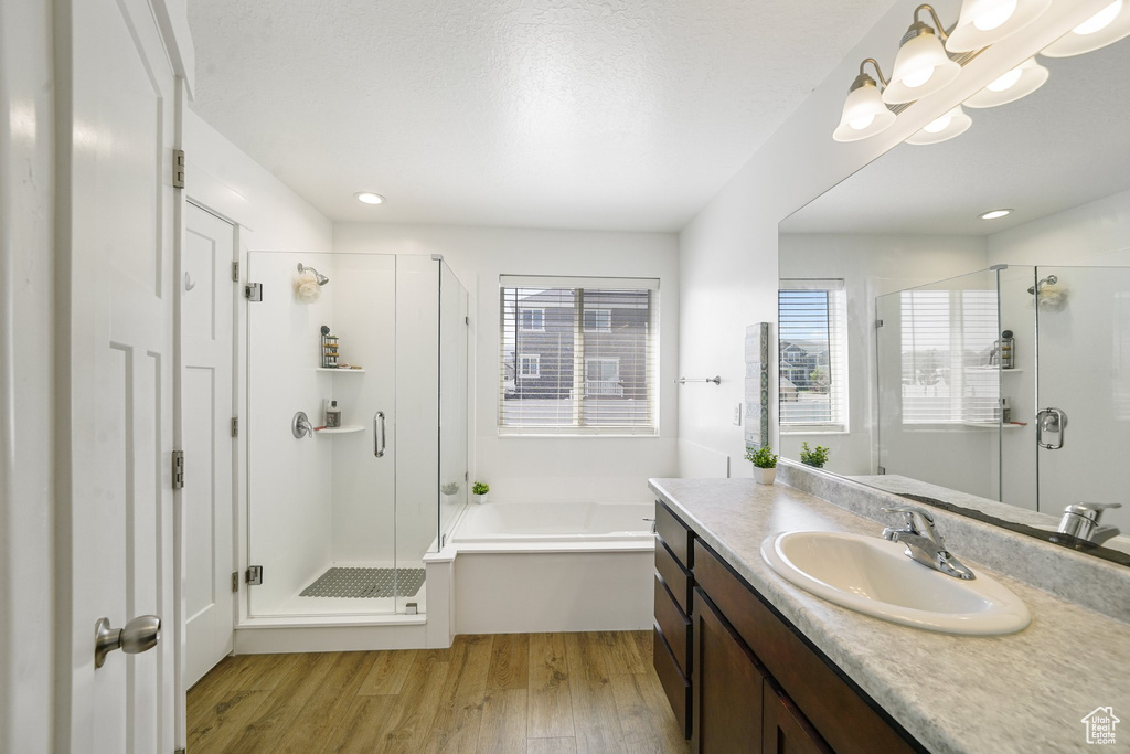 Full bath with wood finished floors, a shower stall, vanity, healthy amount of natural light, and recessed lighting