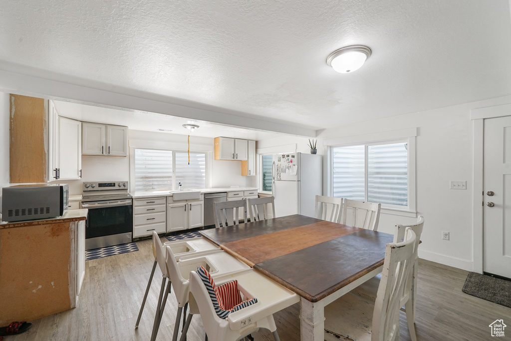 Dining space featuring plenty of natural light, light wood-style flooring, and a textured ceiling