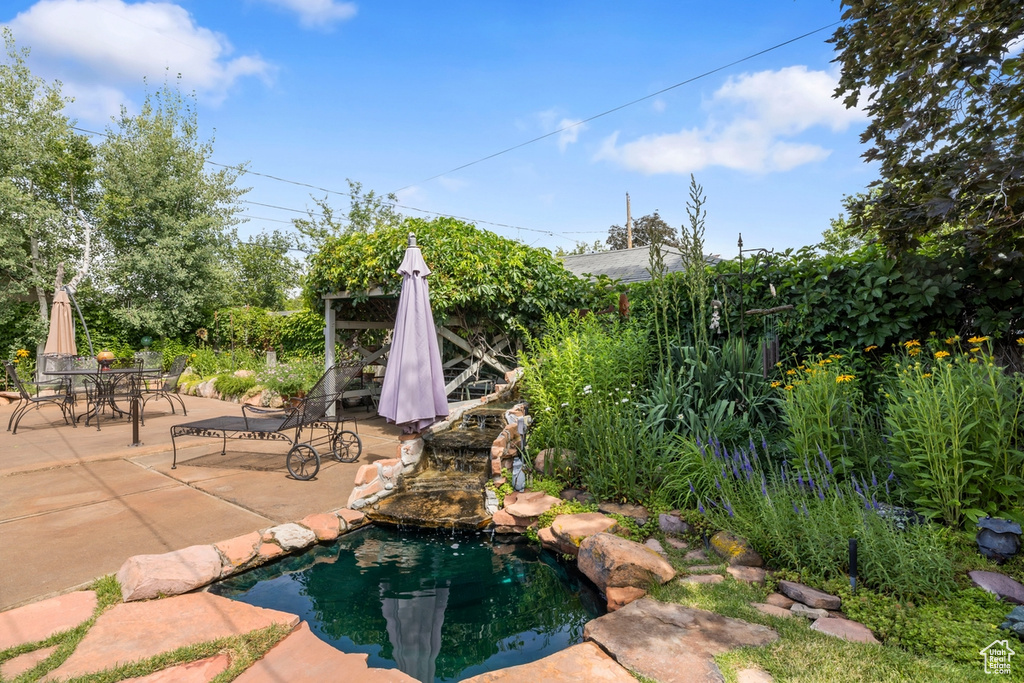 Outdoor pool with a patio and outdoor dining space