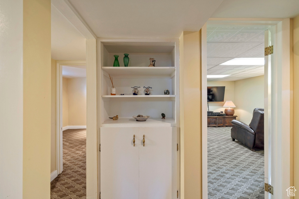 Corridor with carpet flooring and built in features