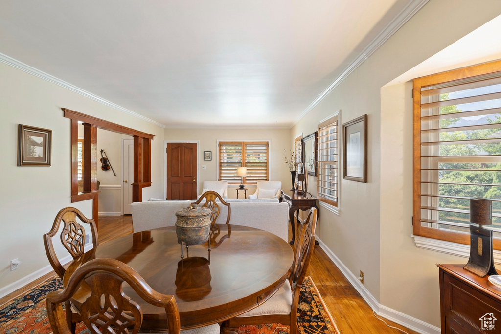 Dining room featuring light wood-type flooring, healthy amount of natural light, and ornamental molding