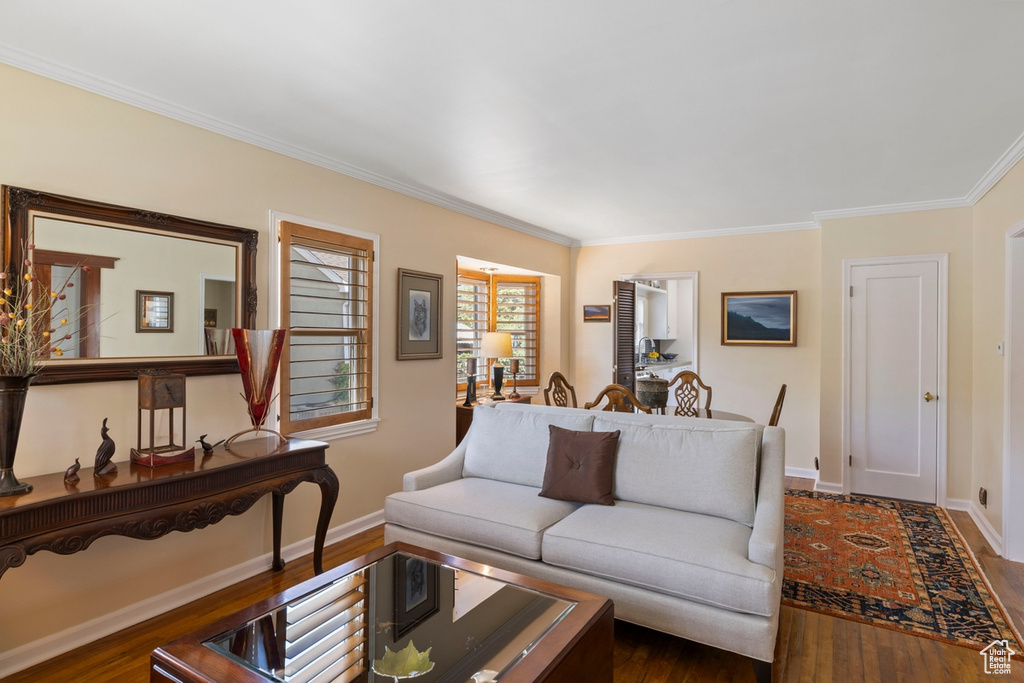 Living room with dark wood finished floors and crown molding