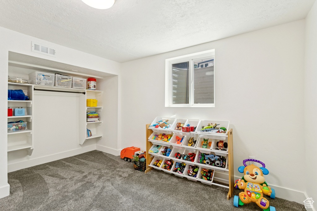 Recreation room with carpet and a textured ceiling