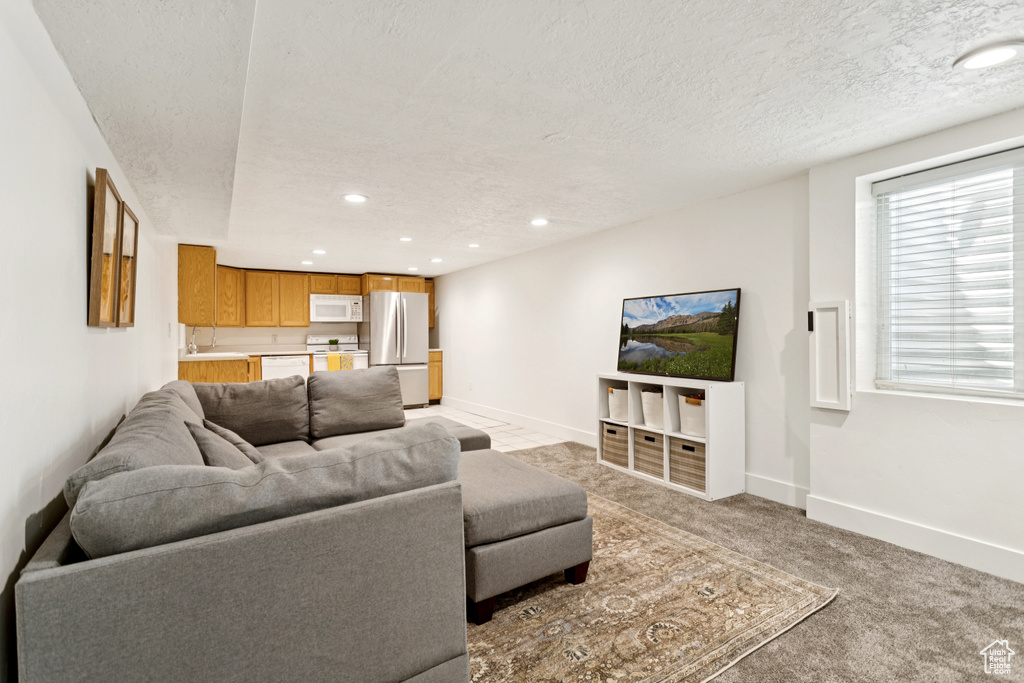 Living area with light carpet, a textured ceiling, and recessed lighting