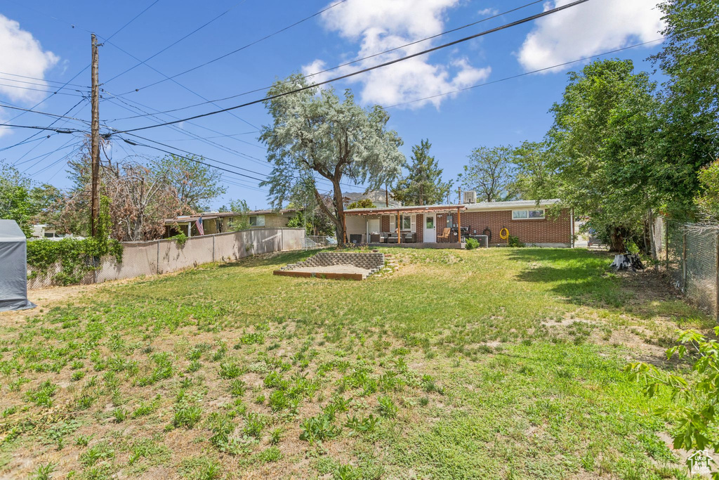 Fenced backyard with a patio area