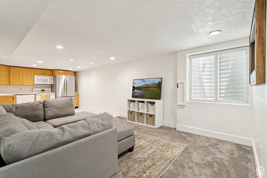 Living area with light carpet and recessed lighting