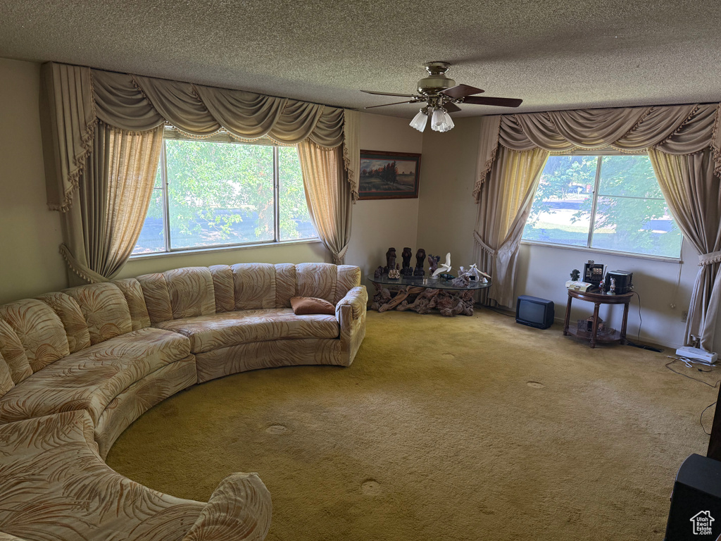 Carpeted living room featuring ceiling fan and a textured ceiling