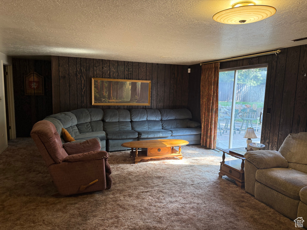 Living area featuring a textured ceiling, wood walls, and carpet floors