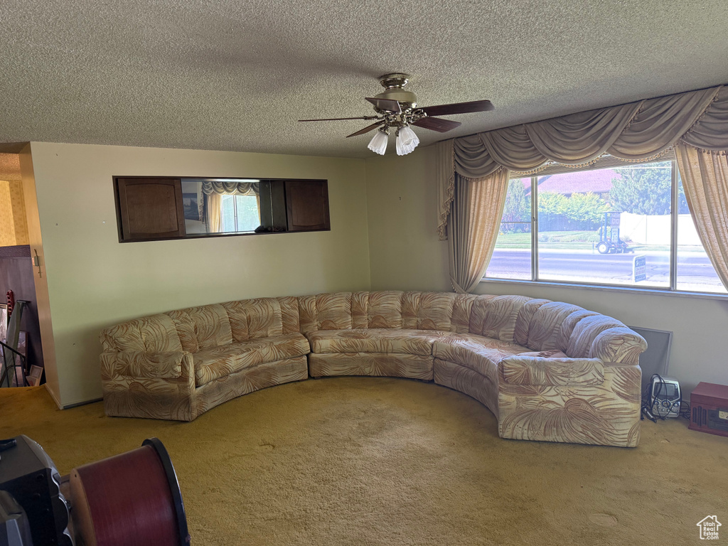 Carpeted living area with a ceiling fan and a textured ceiling