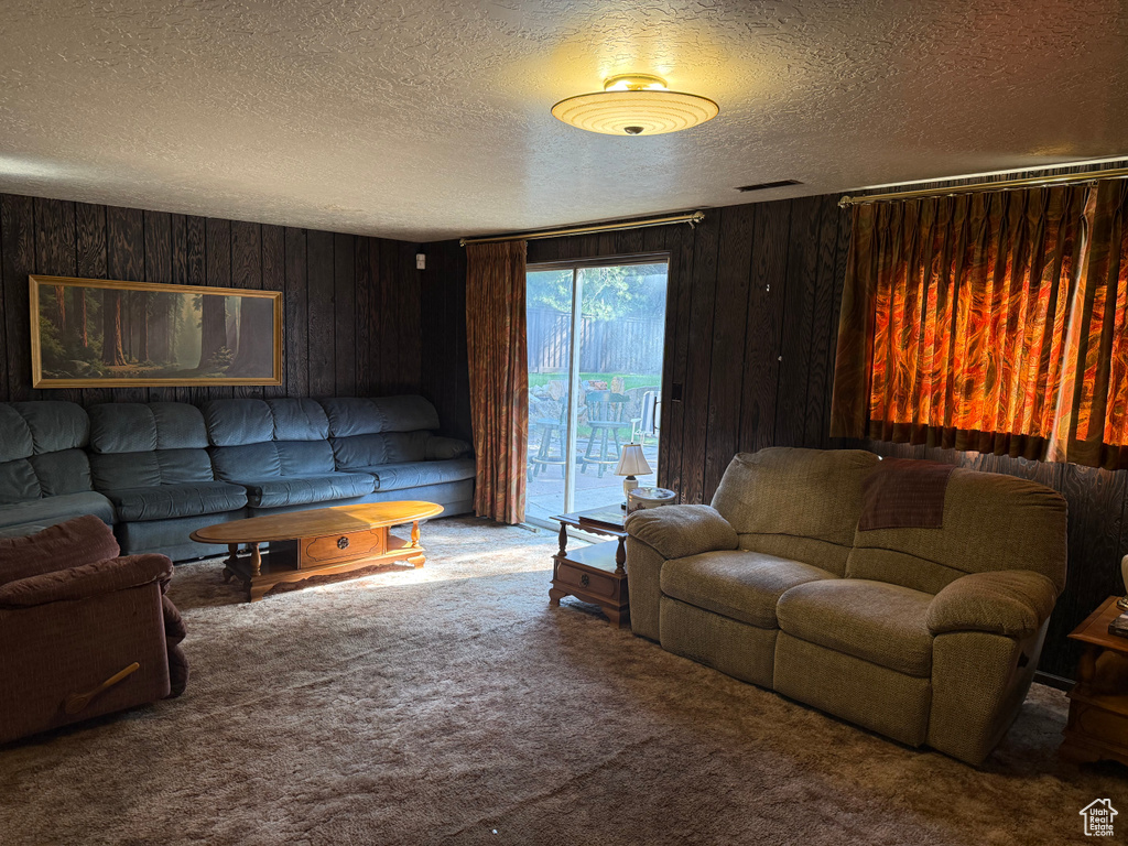 Carpeted living area featuring a textured ceiling and wood walls