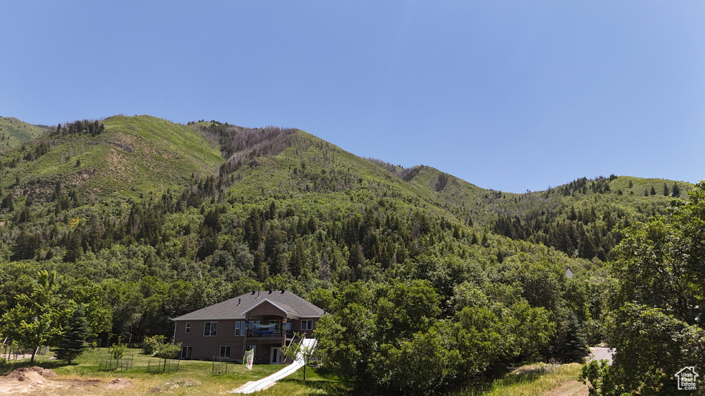 View of mountain backdrop featuring a forest