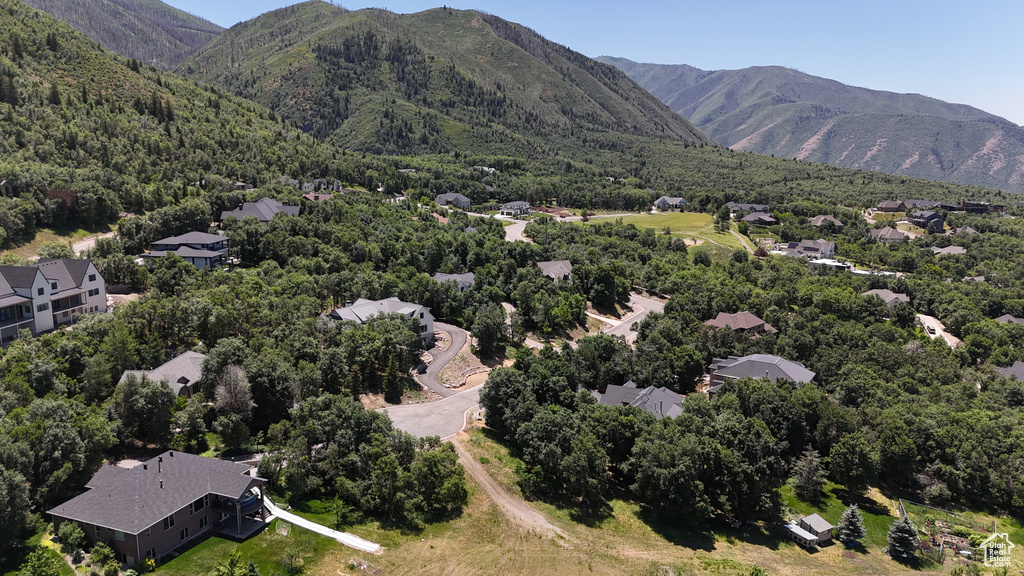 Aerial overview of property\'s location featuring a mountain backdrop and a forest