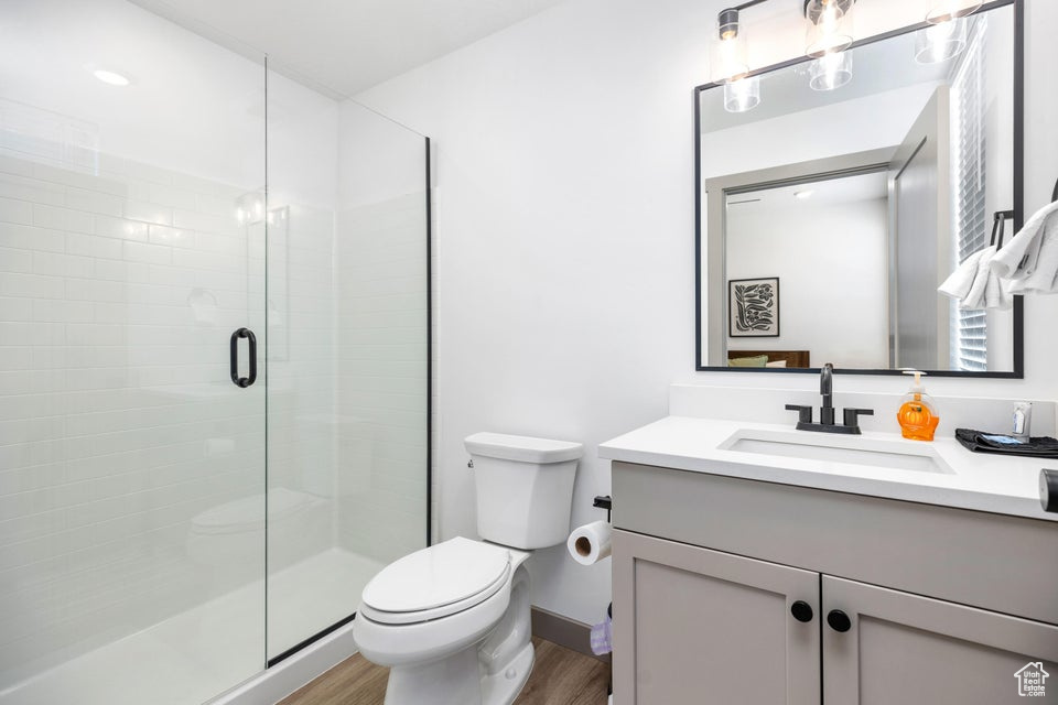Bathroom with wood finished floors, vanity, and a shower stall