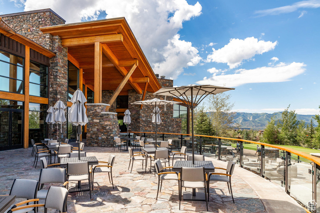 View of patio with a mountain view