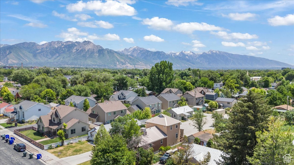 Aerial perspective of suburban area featuring mountains