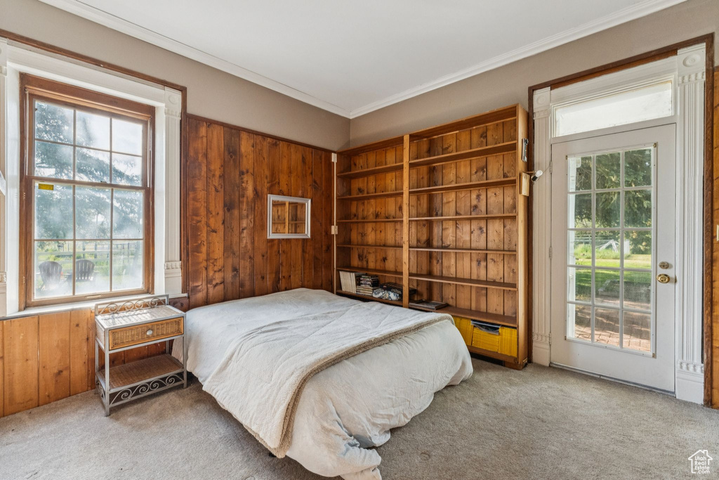 Carpeted bedroom featuring ornamental molding, access to outside, and wood walls