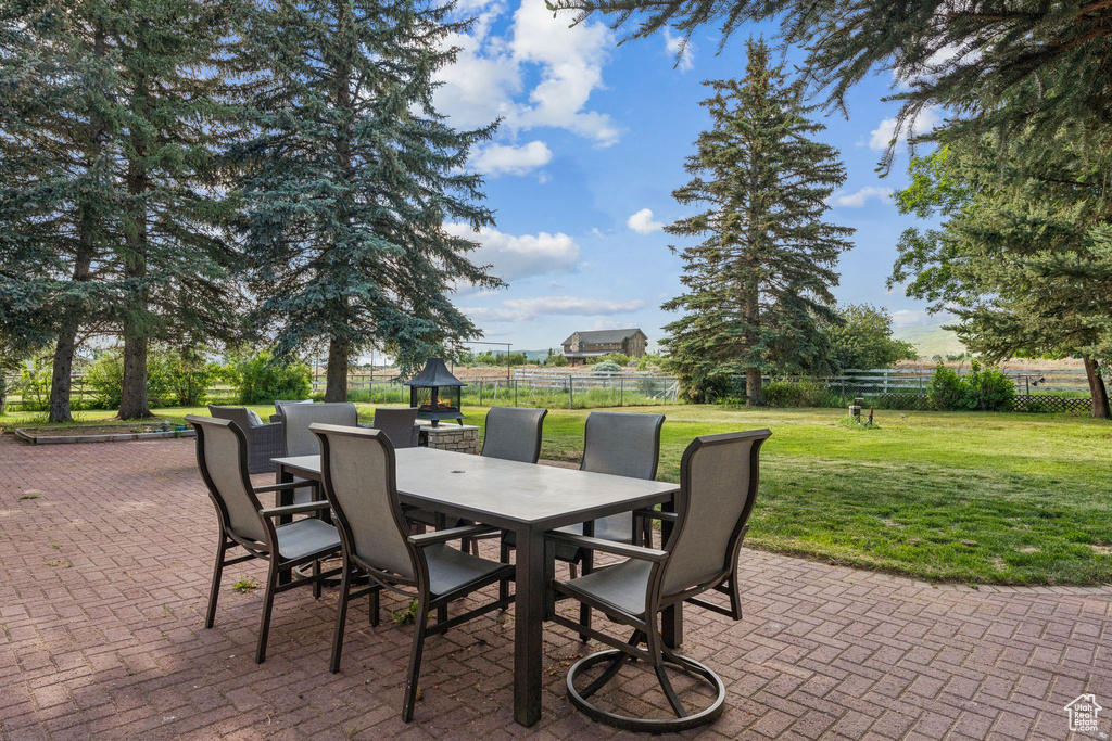 Fenced backyard with outdoor dining area and a patio area