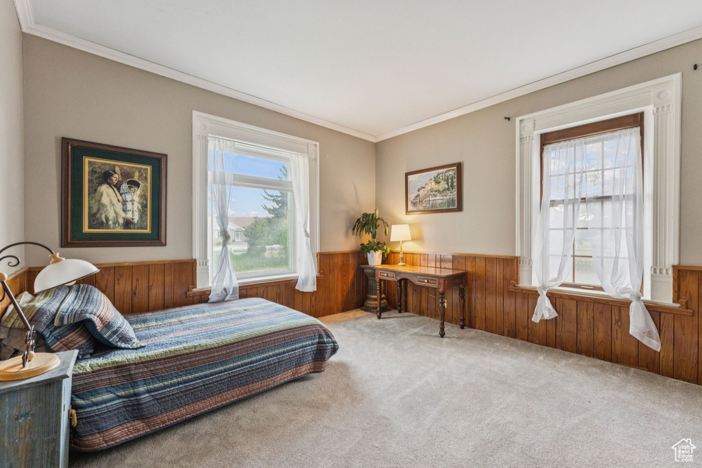 Bedroom with wainscoting, multiple windows, wood walls, carpet, and ornamental molding