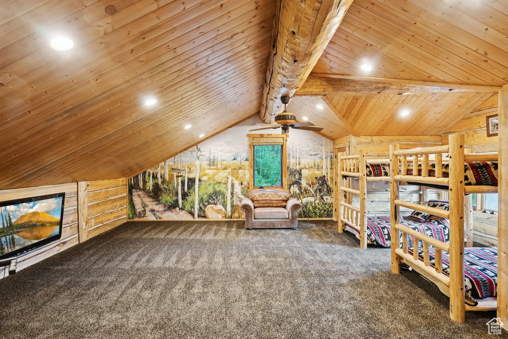 Carpeted bedroom featuring wood ceiling and recessed lighting