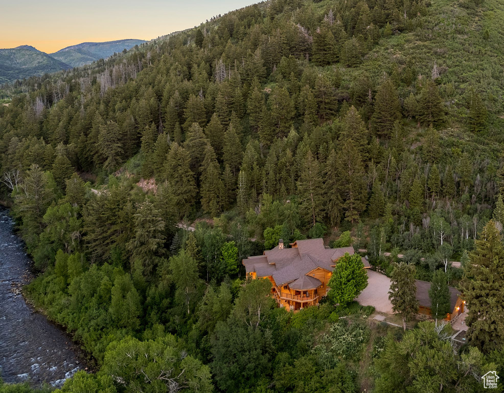 Aerial view at dusk of a view of trees and a mountain view