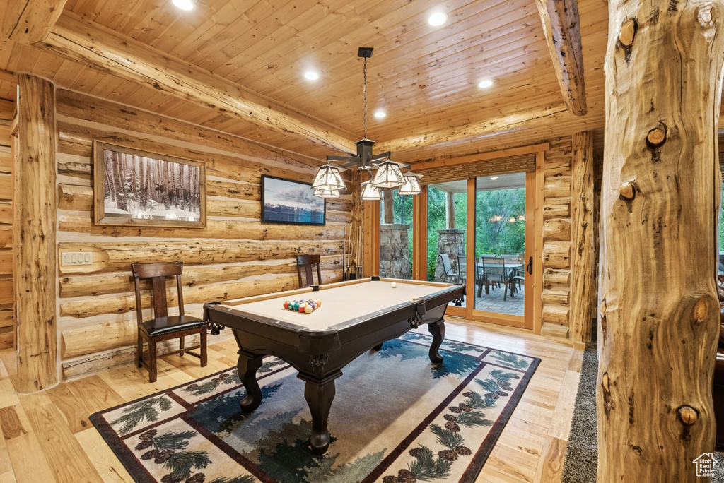 Game room with wooden ceiling, log walls, billiards table, light wood-style flooring, and recessed lighting