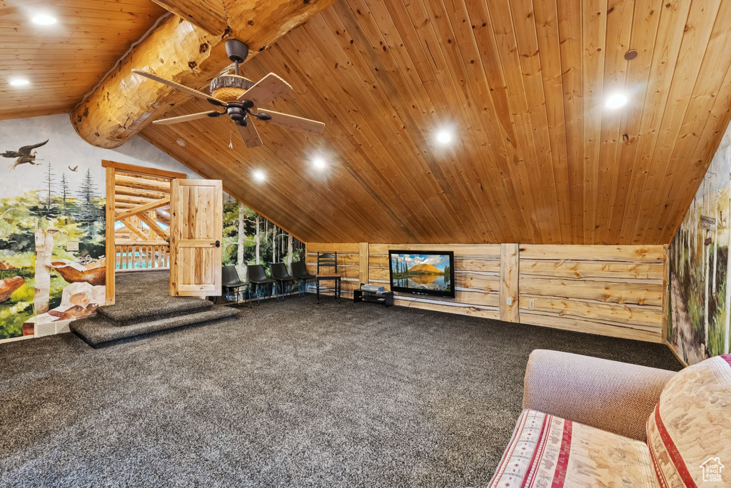 Living room with carpet, recessed lighting, wood ceiling, and ceiling fan