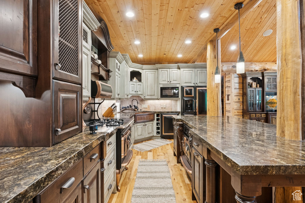 Kitchen with open shelves, wood ceiling, black appliances, light wood-style floors, and recessed lighting