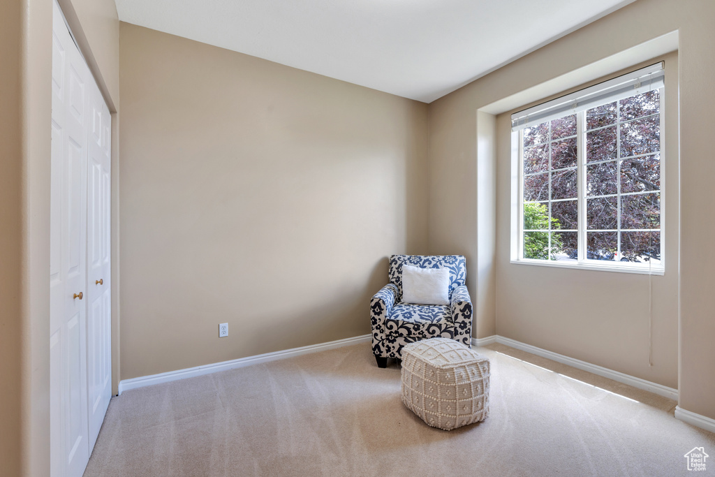 Living area featuring carpet floors and baseboards