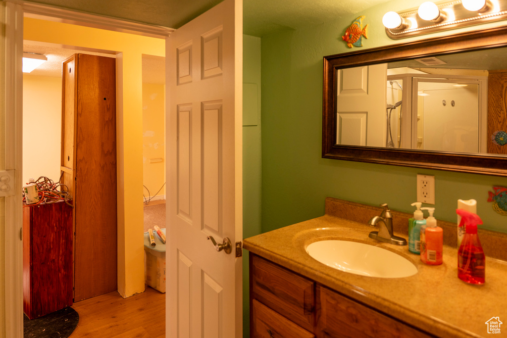 Bathroom featuring wood finished floors and vanity