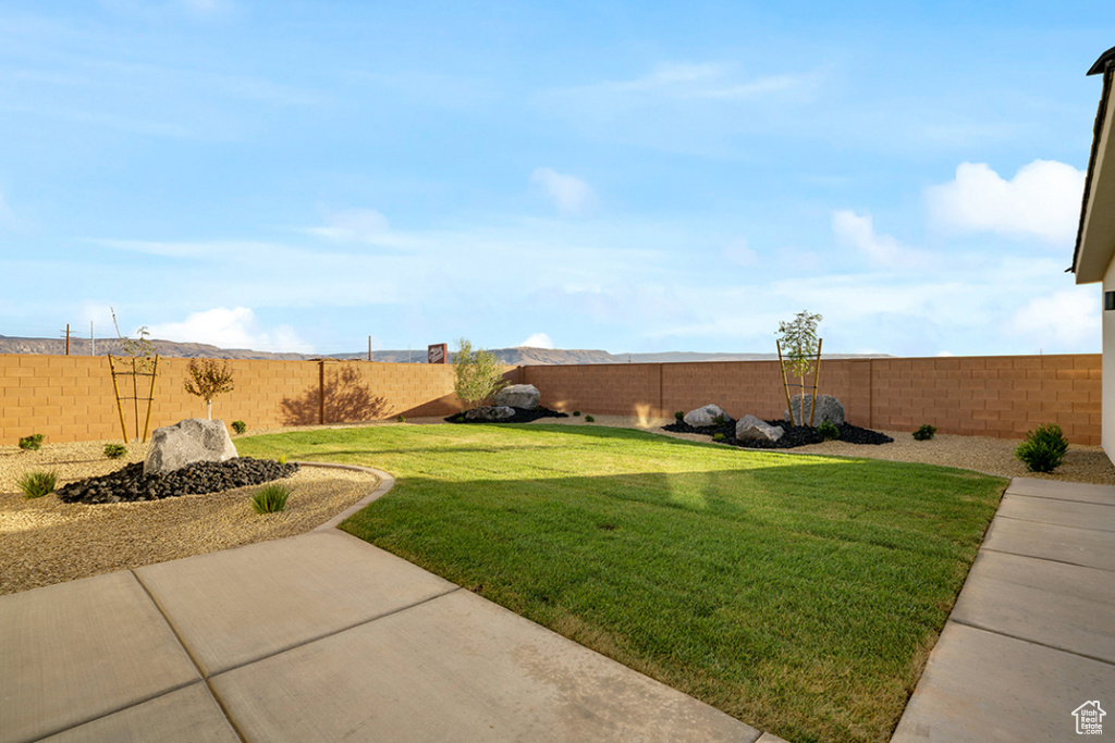 Fenced backyard with a patio