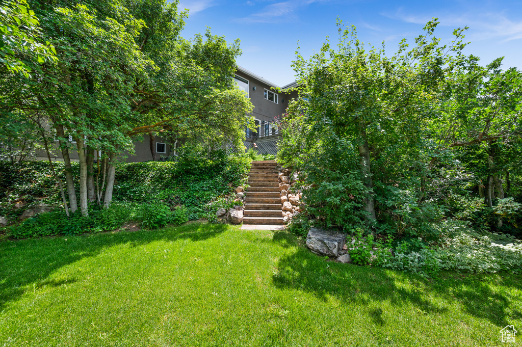 View of green lawn featuring stairway