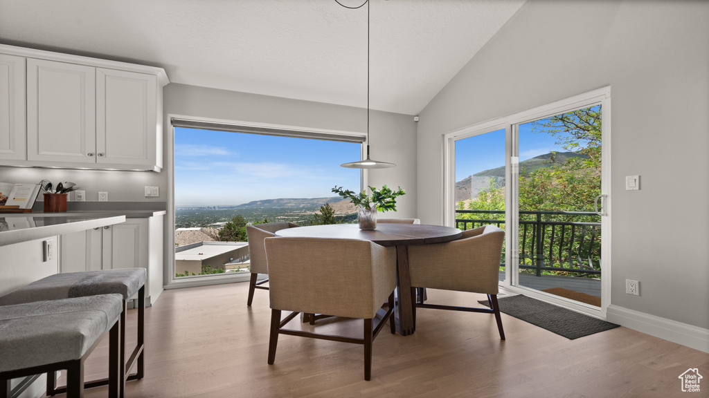 Dining room with healthy amount of natural light, a mountain view, vaulted ceiling, and light wood-type flooring