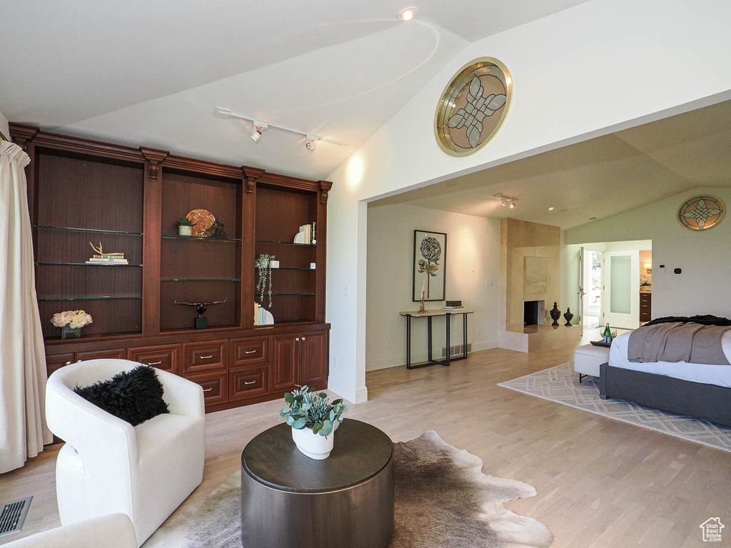 Living area with vaulted ceiling, light wood finished floors, and track lighting