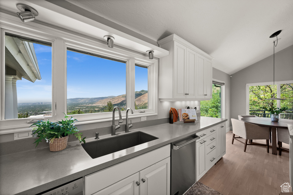 Kitchen featuring stainless steel dishwasher, vaulted ceiling, white cabinets, hanging light fixtures, and wood finished floors