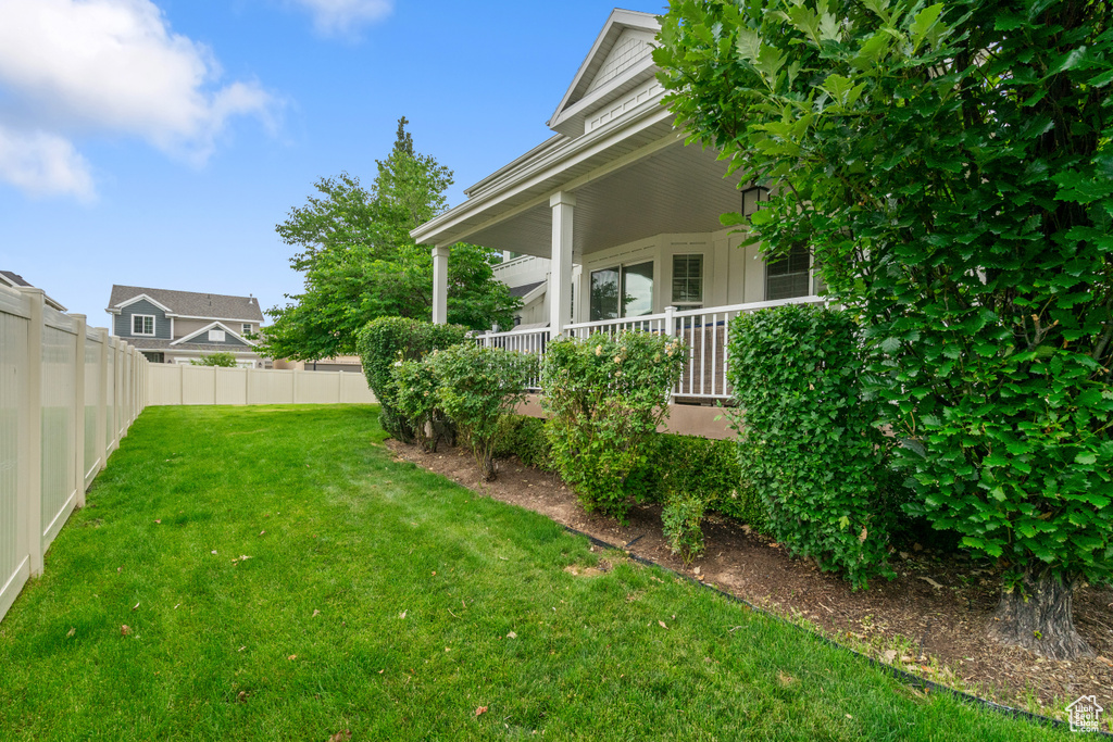 Fenced backyard with a porch