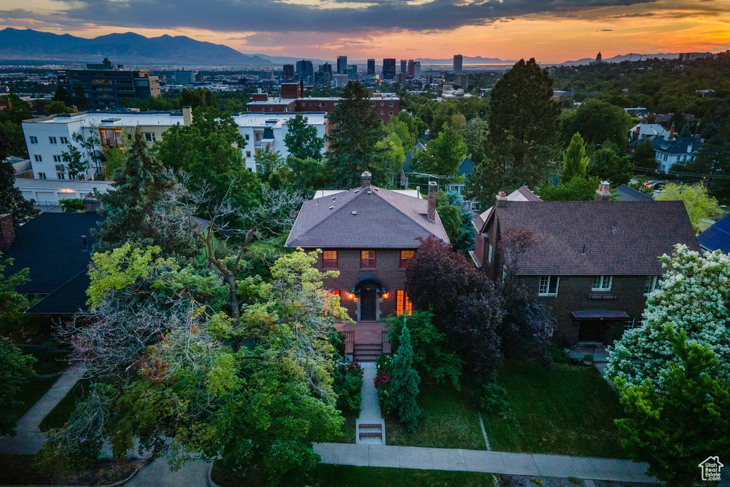 Aerial view at dusk of a mountain view