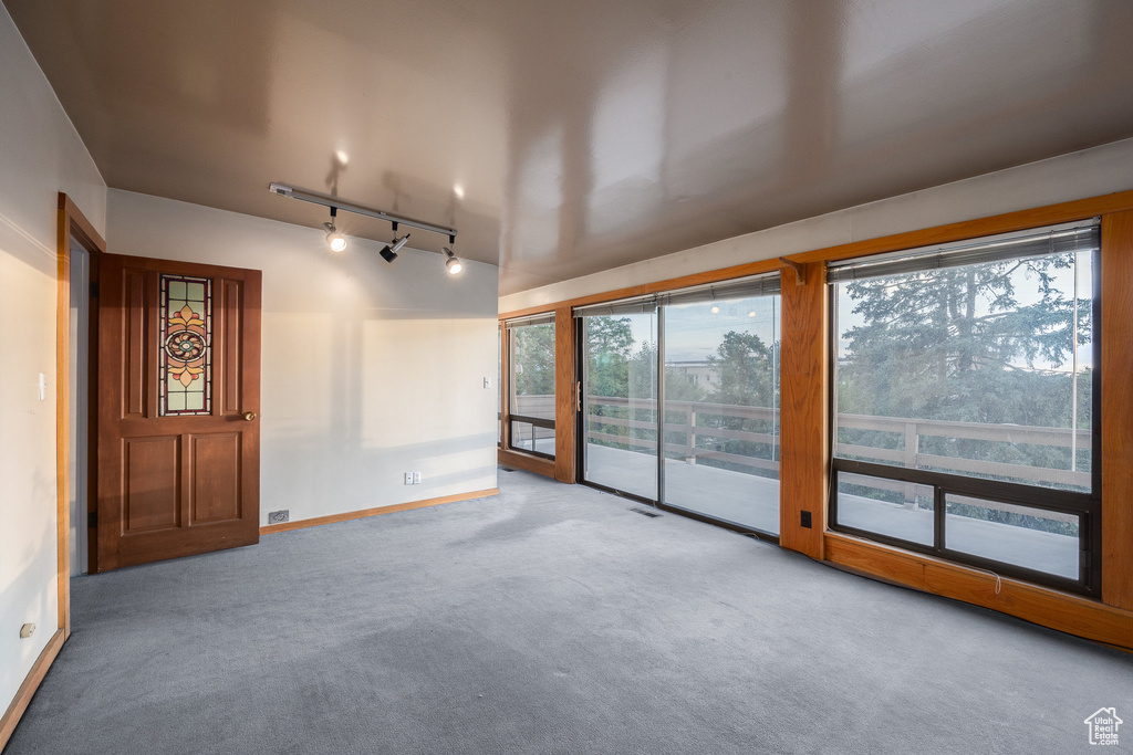 Unfurnished room featuring track lighting and carpet flooring