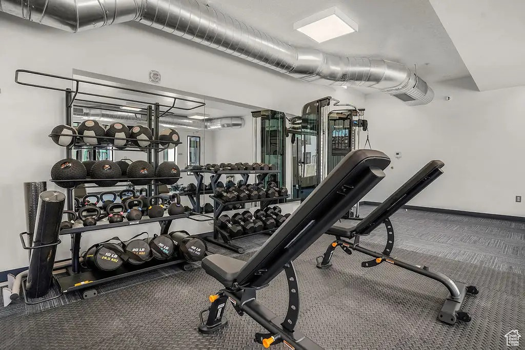 Exercise room with carpet floors